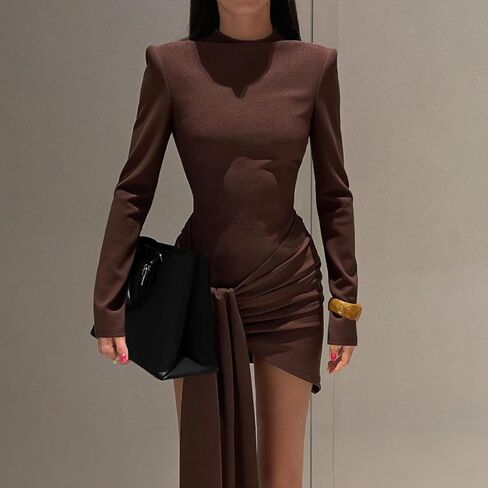 HENGEN 2025 Autumn/Winter Long Sleeve Commuter Style Float Belt Half High Collar Slimming Bottom Dress in Kuwait