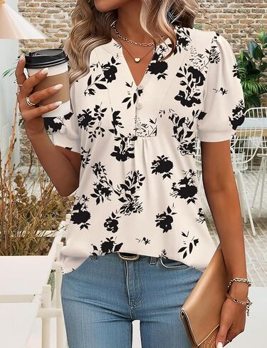 Womens Short Sleeve Henley V Neck Tunic Top Pleated Button Down Casual Summer T-Shirt Business Work Shirt Dressy Blouse in Saudi Arabia