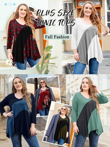 3/4 Sleeves Tunic Tops for Women Boho Clothes V-Neck Plus Size Fall Blouses Flattering Handkerchief Loose Fit Swing Shirt in Saudi Arabia