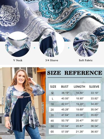 3/4 Sleeves Tunic Tops for Women Boho Clothes V-Neck Plus Size Fall Blouses Flattering Handkerchief Loose Fit Swing Shirt in Saudi Arabia