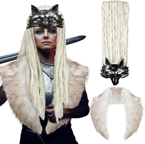Newcotte 2 Pcs Halloween Viking Fur Costumes Fur Collar Shoulder Wrap and Wolf Mask with Wig Barbarian Accessories Women Men in Saudi Arabia