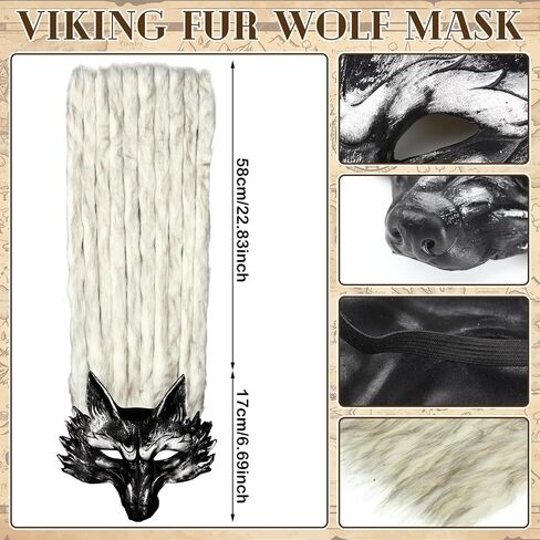 Newcotte 2 Pcs Halloween Viking Fur Costumes Fur Collar Shoulder Wrap and Wolf Mask with Wig Barbarian Accessories Women Men in Saudi Arabia