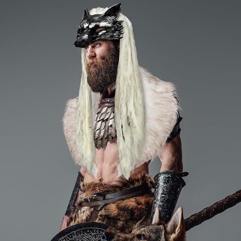 Newcotte 2 Pcs Halloween Viking Fur Costumes Fur Collar Shoulder Wrap and Wolf Mask with Wig Barbarian Accessories Women Men in Saudi Arabia