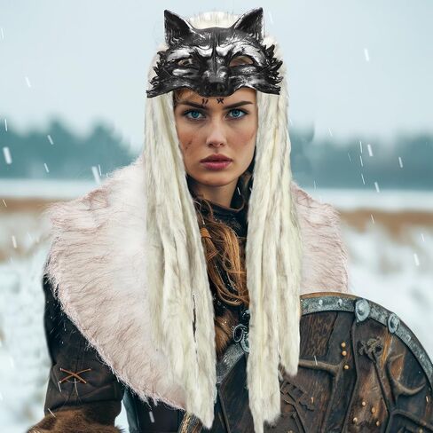 Newcotte 2 Pcs Halloween Viking Fur Costumes Fur Collar Shoulder Wrap and Wolf Mask with Wig Barbarian Accessories Women Men in Saudi Arabia