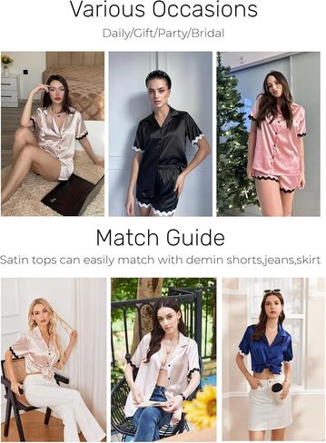 Ekouaer Womens Satin Pajamas Set Button Down 2 Piece Silky Pjs Shorts Set Notch Collar Sleepwear in Saudi Arabia