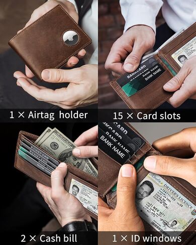 محفظة للرجال مع حامل AirTag، محافظ رجالية من الجلد الطبيعي ثنائية الطي RFID مع 14 فتحة للبطاقات، نافذة لبطاقة الهوية وجيبين للنقود (بطاقة Airtag غير متضمنة) in Kuwait