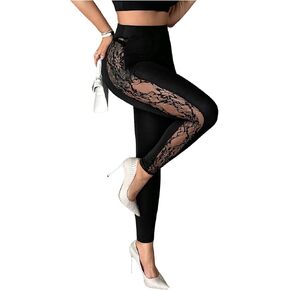 MakeMeChic Women's Floral Lace Leggings Mesh High Waisted Y2k Skinny Pants in Kuwait