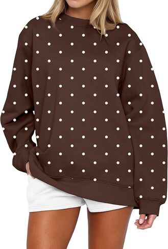 Women Y2k Oversized Fleece Cute Polka Dot Crewneck Sweatshirts Preppy Drop Shoulder Pullover Jumper Fall Outfits in Saudi Arabia