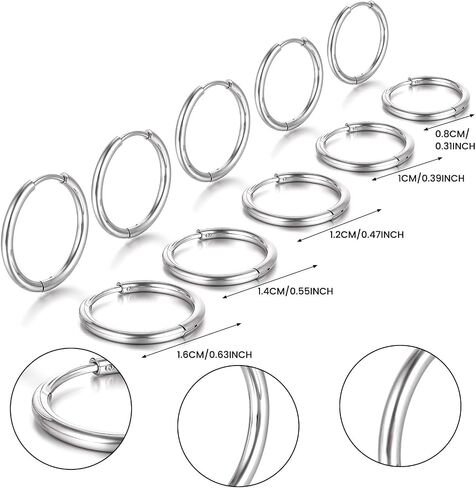 5 Pairs Stainless Steel Hoop Earrings for Women Men Silver Small Stainless Steel Huggie Hoop Earrings Piercings Cartilage 8mm,10mm, 12mm,14mm, 16mm in Saudi Arabia
