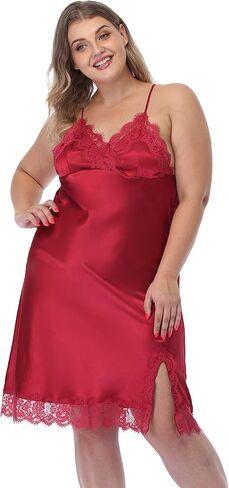Womens Plus Size Sexy Lingerie Satin Lace Chemise Spaghetti Straps Nightgown Full Slips V Neck Sleepwear Nightgown in Kuwait