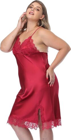 Womens Plus Size Sexy Lingerie Satin Lace Chemise Spaghetti Straps Nightgown Full Slips V Neck Sleepwear Nightgown in Kuwait