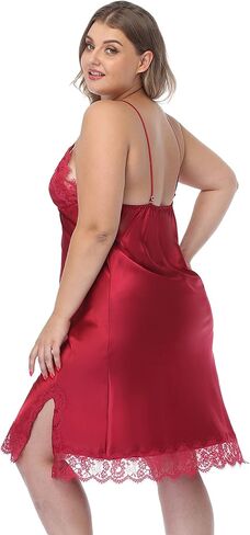 Womens Plus Size Sexy Lingerie Satin Lace Chemise Spaghetti Straps Nightgown Full Slips V Neck Sleepwear Nightgown in Kuwait