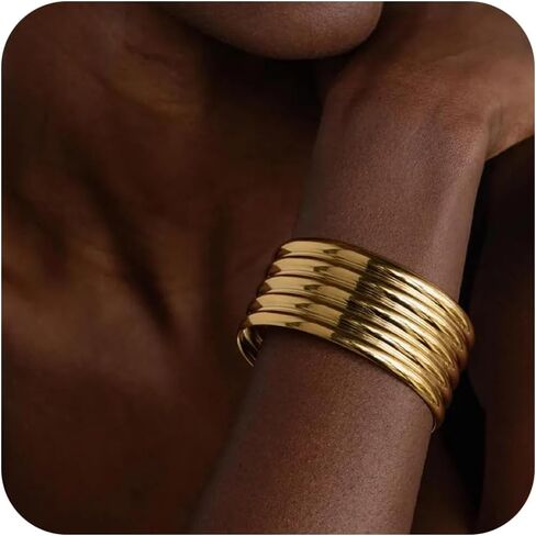 Collner Ribbed Cuff Bracelet for Women Vintage Boho Wide Minimalist Bangle Bracelets Statement Bracelet Thick Arm Cuff Gold Silver Bracelet in Kuwait