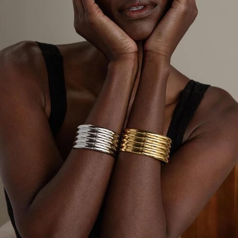 Collner Ribbed Cuff Bracelet for Women Vintage Boho Wide Minimalist Bangle Bracelets Statement Bracelet Thick Arm Cuff Gold Silver Bracelet in Kuwait