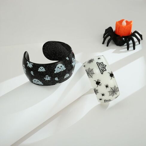 2Pcs Halloween Bracelet for Women Spooky Ghost Spider Bangle Set Chunky Pumpkin Bat Cuff Bracelets Acrylic Gothic Bangle Cosplay Jewelry in Kuwait