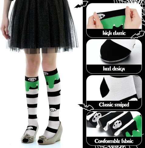JenPen 3 Pairs Halloween Knee High Socks Women Black and White Striped Socks Gift Women's Tube Casual Athletic Stockings in Saudi Arabia