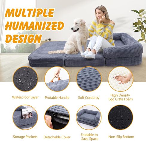 Human Dog Bed for Adult, Foldable Human Dog Bed with Eggshell Foam Supportive Mat and Waterproof Liner, Faux Fur Orthopedic Dog Bed for Humans, 73"x41.3"x9.8" in Kuwait