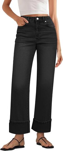 GRAPENT Wide Leg Jeans for Women Trendy High Waisted Cuffed Hem Stretchy Denim Trousers Pants Work Casual Jeans in Saudi Arabia