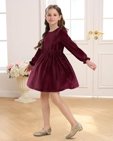 Stelle Girls Long Sleeve Velvet Dress Ruffled Crew Neck Midi A-Line Dresses Vintage Formal Party Winter Outfits in Saudi Arabia