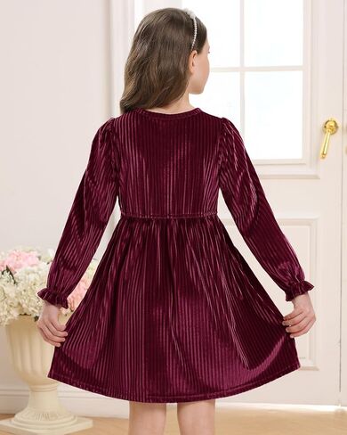 Stelle Girls Long Sleeve Velvet Dress Ruffled Crew Neck Midi A-Line Dresses Vintage Formal Party Winter Outfits in Saudi Arabia