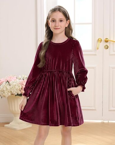 Stelle Girls Long Sleeve Velvet Dress Ruffled Crew Neck Midi A-Line Dresses Vintage Formal Party Winter Outfits in Saudi Arabia