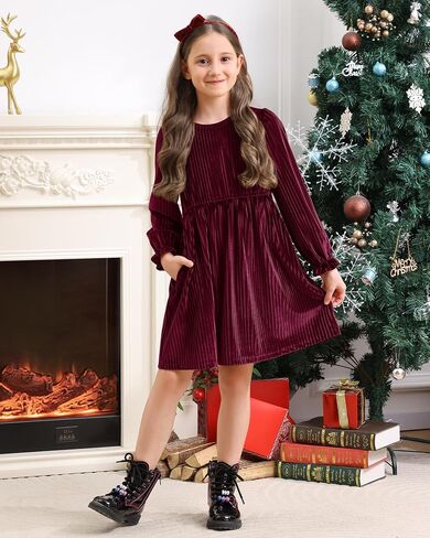 Stelle Girls Long Sleeve Velvet Dress Ruffled Crew Neck Midi A-Line Dresses Vintage Formal Party Winter Outfits in Saudi Arabia