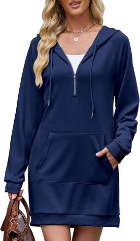 Tanst Sky Womens Sweatshirt Dress Long Sleeve Hoodie dresses Half Zip Drawstring Hooded Tunic Tops with Pocket in Kuwait