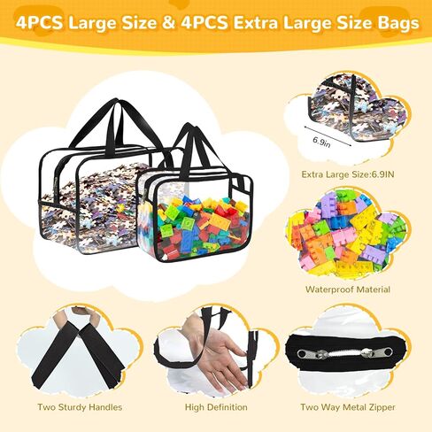 8 عبوات كبيرة من أكياس تخزين الألعاب مع سحاب وملصقات، حقائب تنظيم ألعاب شفافة مقاومة للماء من البولي فينيل كلوريد لألعاب الطاولة، قطع الألغاز، مكعبات البناء، الملحقات المصنوعة يدويًا، كتب الأطفال in Kuwait