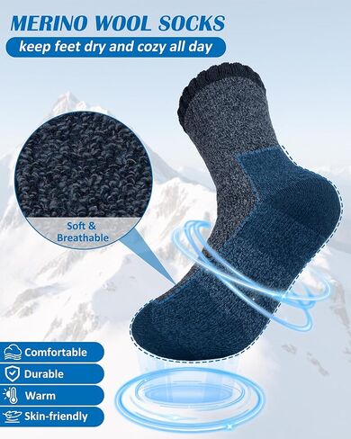 جوارب صوف ميرينو فاشن من سنكر للرجال والنساء، جورب سميك دافئ للمشي لمسافات طويلة للشتاء والعمل في الهواء الطلق 3 أزواج in Kuwait