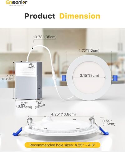ENSENIOR 6 Pack 6 Inh LED LED LED ، قابلاً للضوء ، وضوء النهار 5000K ، وسطوع ارتفاع 1050 لتر ، 12W 120V ، مصنفة رطبة ، مصباح رقاقة غير مصقول للغاية - ETL & FCC & IC in Kuwait
