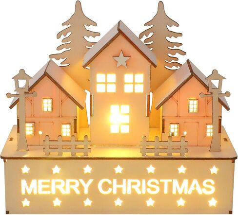 CCINEE Pre-Lit Christmas Village House LED Wooden Christmas Scene House with Lights Battery Operated Luminous Farmhouse Christmas Desktop Decoration for Xmas Party Tabletop Mantle Decor in Saudi Arabia