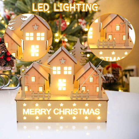 CCINEE Pre-Lit Christmas Village House LED Wooden Christmas Scene House with Lights Battery Operated Luminous Farmhouse Christmas Desktop Decoration for Xmas Party Tabletop Mantle Decor in Saudi Arabia