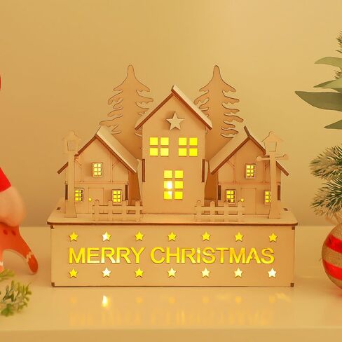 CCINEE Pre-Lit Christmas Village House LED Wooden Christmas Scene House with Lights Battery Operated Luminous Farmhouse Christmas Desktop Decoration for Xmas Party Tabletop Mantle Decor in Saudi Arabia