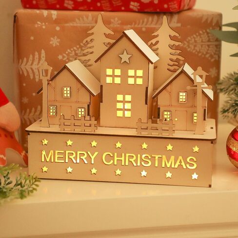 CCINEE Pre-Lit Christmas Village House LED Wooden Christmas Scene House with Lights Battery Operated Luminous Farmhouse Christmas Desktop Decoration for Xmas Party Tabletop Mantle Decor in Saudi Arabia