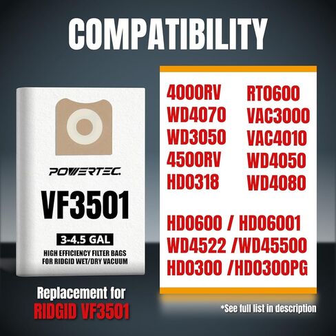 أكياس مكنسة كهربائية POWERTEC Shop 12PK لأكياس فراغ Ridgid VF3502 23743، أكياس فلتر بديلة لـ Ridgid RT1200، 1610RV 12-16 جالون أكياس جمع الغبار الرطبة/الجافة، تسوق ملحقات المكنسة الكهربائية لـ Ridgid in Saudi Arabia