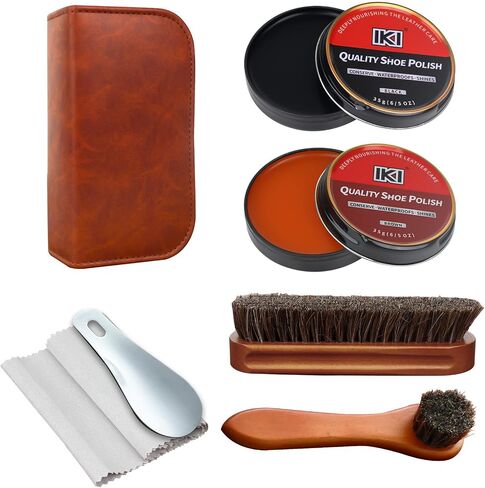 IKI Shoe Shine Polish Kit - 7PCS Leather Boot Care Kit with Black Brown Shoe Polish Horsehair Brush Cloth Shoe Horn for Men in Saudi Arabia