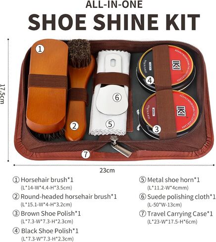 IKI Shoe Shine Polish Kit - 7PCS Leather Boot Care Kit with Black Brown Shoe Polish Horsehair Brush Cloth Shoe Horn for Men in Saudi Arabia