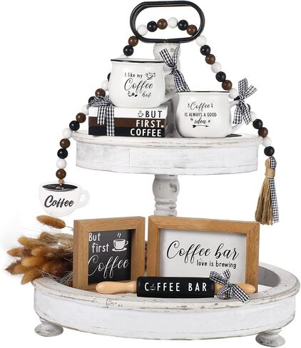 Yookeer 7 Pcs Coffee Tiered Tray Decor Set Mini Bar Art Display Framed Coffee Wooden Sign Farmhouse Mini Mug Vintage Wooden Beads Garland Rustic Kitchen Table Sign Decoration for Station in Saudi Arabia