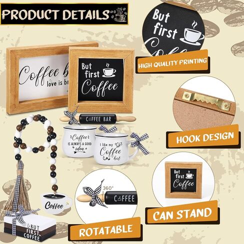 Yookeer 7 Pcs Coffee Tiered Tray Decor Set Mini Bar Art Display Framed Coffee Wooden Sign Farmhouse Mini Mug Vintage Wooden Beads Garland Rustic Kitchen Table Sign Decoration for Station in Saudi Arabia
