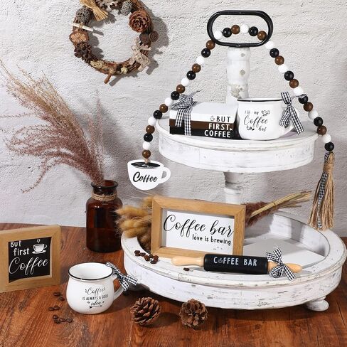 Yookeer 7 Pcs Coffee Tiered Tray Decor Set Mini Bar Art Display Framed Coffee Wooden Sign Farmhouse Mini Mug Vintage Wooden Beads Garland Rustic Kitchen Table Sign Decoration for Station in Saudi Arabia