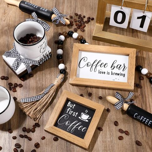 Yookeer 7 Pcs Coffee Tiered Tray Decor Set Mini Bar Art Display Framed Coffee Wooden Sign Farmhouse Mini Mug Vintage Wooden Beads Garland Rustic Kitchen Table Sign Decoration for Station in Saudi Arabia