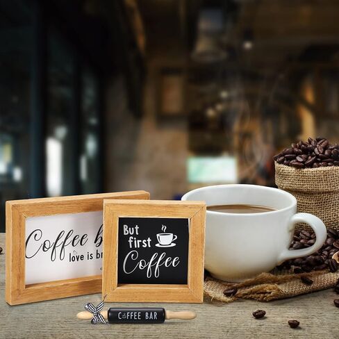 Yookeer 7 Pcs Coffee Tiered Tray Decor Set Mini Bar Art Display Framed Coffee Wooden Sign Farmhouse Mini Mug Vintage Wooden Beads Garland Rustic Kitchen Table Sign Decoration for Station in Saudi Arabia