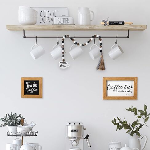 Yookeer 7 Pcs Coffee Tiered Tray Decor Set Mini Bar Art Display Framed Coffee Wooden Sign Farmhouse Mini Mug Vintage Wooden Beads Garland Rustic Kitchen Table Sign Decoration for Station in Saudi Arabia