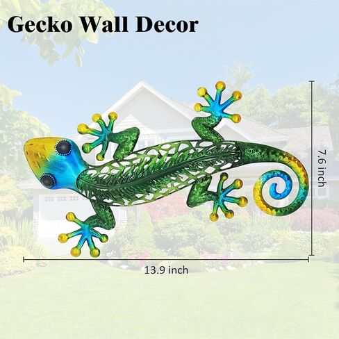 POXOHO Metal Gecko Wall Decor, 14" Green Lizard Indoor Outdoor Hanging Decor, 3D Metal Geckos Fence Decor, Lizard Art Metal Garden Wall Sculpture for Garden Porch Patio Yard in Kuwait