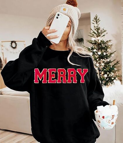 YALUCOR Women Christmas Sweatshirt Merry Christmas Pullover Tops Glitter Chenille Patch Merry Tshirt Xmas Gift Tops Tee in Saudi Arabia