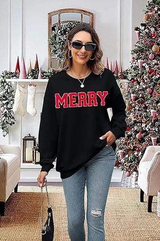 YALUCOR Women Christmas Sweatshirt Merry Christmas Pullover Tops Glitter Chenille Patch Merry Tshirt Xmas Gift Tops Tee in Saudi Arabia