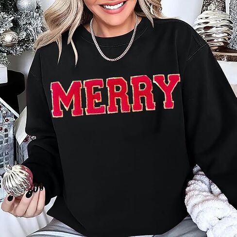 YALUCOR Women Christmas Sweatshirt Merry Christmas Pullover Tops Glitter Chenille Patch Merry Tshirt Xmas Gift Tops Tee in Saudi Arabia