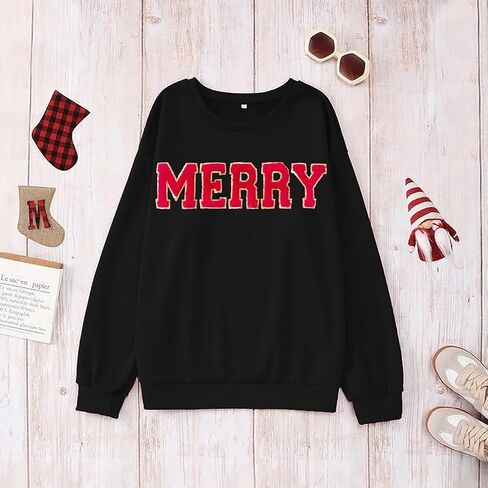 YALUCOR Women Christmas Sweatshirt Merry Christmas Pullover Tops Glitter Chenille Patch Merry Tshirt Xmas Gift Tops Tee in Saudi Arabia