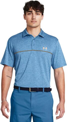 قميص بولو جولف مخطط ومطاط من Under Armour Playoff 3.0 (الولايات المتحدة، ألفا، صغير، عادي، عادي، أزرق فوتون/برتقالي نوفا 406) in Saudi Arabia