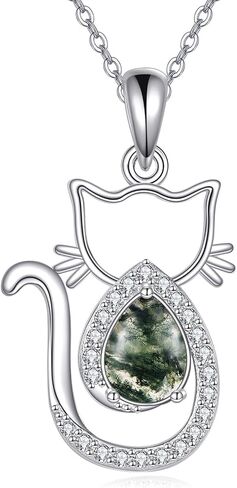 Natural Moss Agate Necklace for Women - Cat/Bunny/Dog/Moon/Clover/Vine/Mountain/Tree of Life Sterling Silver Moss Agate Pendant Necklace in Saudi Arabia